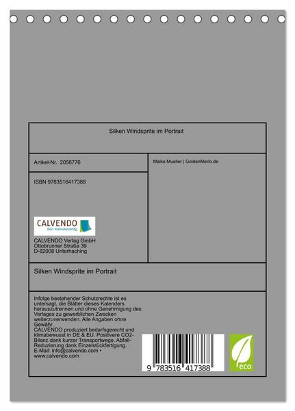 Produktbild: Silken Windsprite im Portrait (Tischkalender 2026 DIN A5 hoch), CALVENDO Monatskalender