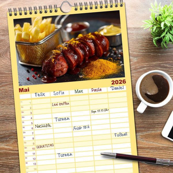 Produktbild: Familienplaner 2026 - Currywurst Kalender - Das Berliner Kultgericht f&uuml;r Fleischliebhaber mit 5 Spalten (Wandkalender, 21 x 45 cm) CALVENDO