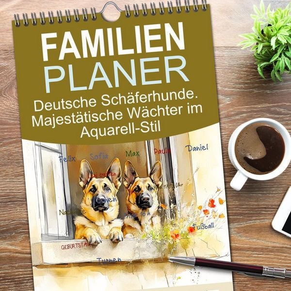 Produktbild: Familienplaner 2026 - Deutsche Sch&auml;ferhunde. Majest&auml;tische W&auml;chter im Aquarell-Stil mit 5 Spalten (Wandkalender, 21 x 45 cm) CALVENDO