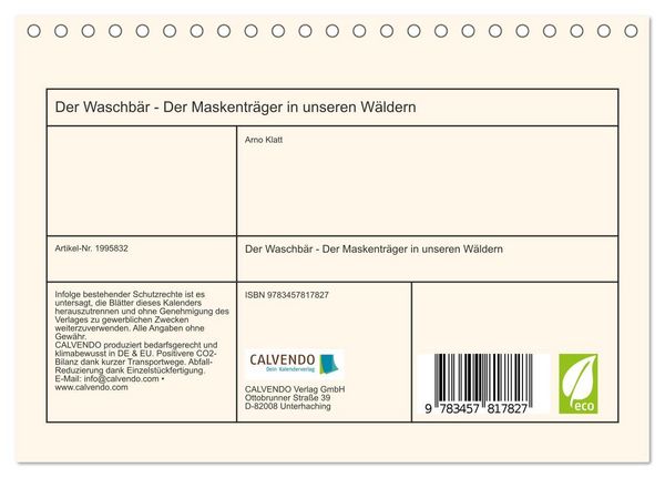 Produktbild: Der Waschb&auml;r - Der Maskentr&auml;ger in unseren W&auml;ldern (Tischkalender 2026 DIN A5 quer), CALVENDO Monatskalender