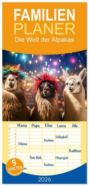 Produktbild: Familienplaner 2026 - Die Welt der Alpakas mit 5 Spalten (Wandkalender, 21 x 45 cm) CALVENDO