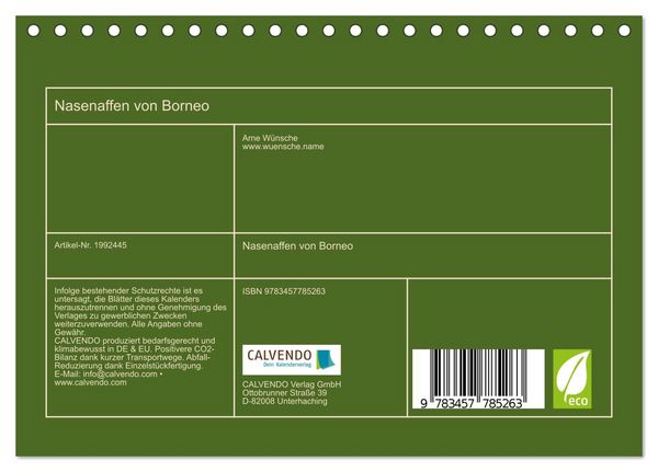 Produktbild: Nasenaffen von Borneo (Tischkalender 2026 DIN A5 quer), CALVENDO Monatskalender