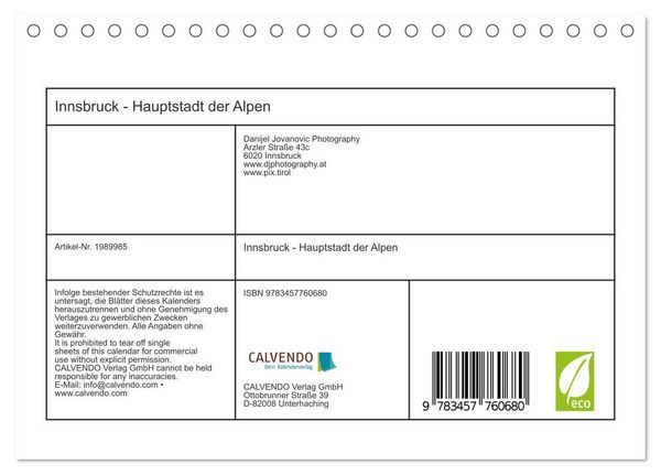 Produktbild: Innsbruck - Hauptstadt der Alpen (Tischkalender 2026 DIN A5 quer), CALVENDO Monatskalender