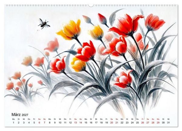 Produktbild: Bl&uuml;tentanz und Fl&uuml;gelschlag - Im Stile chinesischer Tuschmalerei (hochwertiger Premium Wandkalender 2027 DIN A2 quer), Kunstdruck in Hochglanz