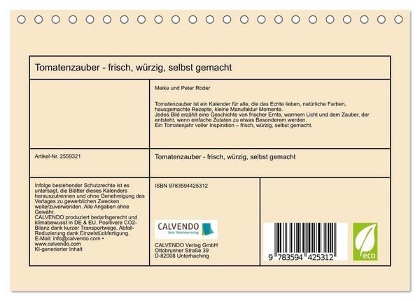 Produktbild: Tomatenzauber - frisch, w&uuml;rzig, selbst gemacht (Tischkalender 2027 DIN A5 quer), CALVENDO Monatskalender