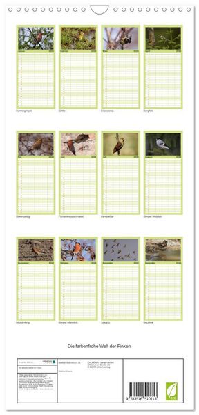 Produktbild: Familienplaner 2026 - Die farbenfrohe Welt der Finken mit 5 Spalten (Wandkalender, 21 x 45 cm) CALVENDO