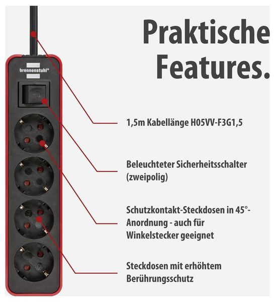 Produktbild: Brennenstuhl 1153240070 Steckdosenleiste mit Schalter 4fach Rot, Schwarz Schutzkontakt 1St.