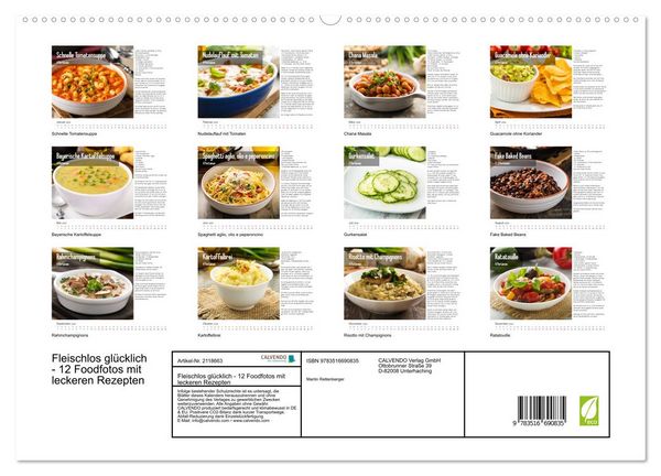 Produktbild: Fleischlos gl&uuml;cklich - 12 Foodfotos mit leckeren Rezepten (hochwertiger Premium Wandkalender 2026 DIN A2 quer), Kunstdruck in Hochglanz