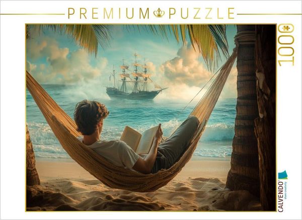 CALVENDO Puzzle Piratenabenteuer - junger Mann liest ein Buch | 1000 Teile Lege-Größe 64x48cm Foto-Puzzle für glückliche Stunden
