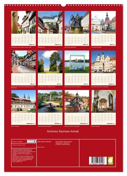 Produktbild: Sch&ouml;nes Sachsen-Anhalt (Wandkalender 2026 DIN A2 hoch), CALVENDO Monatskalender