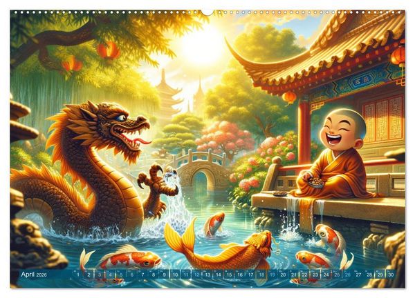 Produktbild: M&ouml;nch und Drache: Vier Jahreszeiten im Tempelgarten (hochwertiger Premium Wandkalender 2026 DIN A2 quer), Kunstdruck in Hochglanz