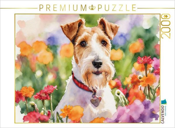 CALVENDO Puzzle Foxterrier Im Blütenmeer | 2000 Teile Lege-Größe 90x67cm Foto-Puzzle für glückliche Stunden