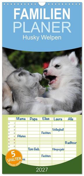 Produktbild: Familienplaner 2027 - Husky Welpen mit 5 Spalten (Wandkalender, 21 x 45 cm) CALVENDO