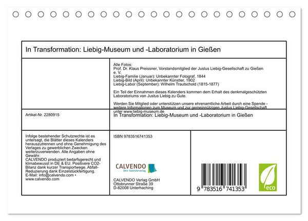 Produktbild: In Transformation: Liebig-Museum und -Laboratorium in Gie&szlig;en (Tischkalender 2026 DIN A5 quer), CALVENDO Monatskalender