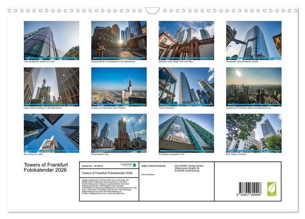 Produktbild: Towers of Frankfurt Fotokalender 2026 (Wandkalender 2026 DIN A3 quer), CALVENDO Monatskalender