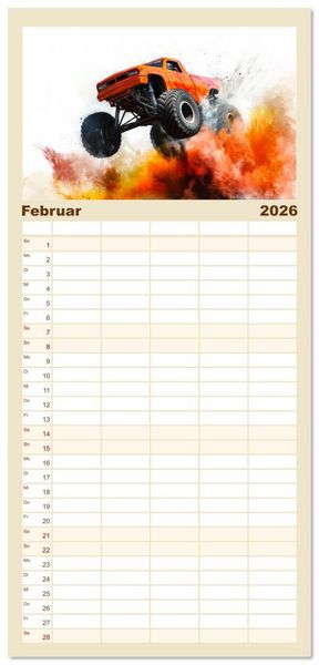 Produktbild: Familienplaner 2026 - Die Macht der Monstertrucks mit 5 Spalten (Wandkalender, 21 x 45 cm) CALVENDO