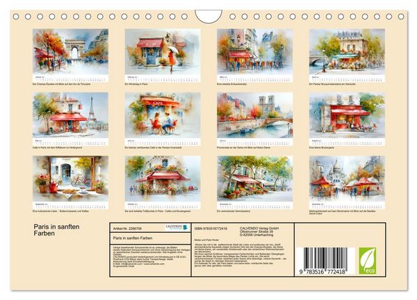 Produktbild: Paris in sanften Farben (Wandkalender 2027 DIN A4 quer), CALVENDO Monatskalender