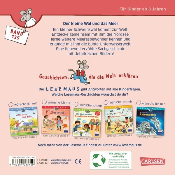 Produktbild: LESEMAUS 135: Der kleine Wal und das Meer