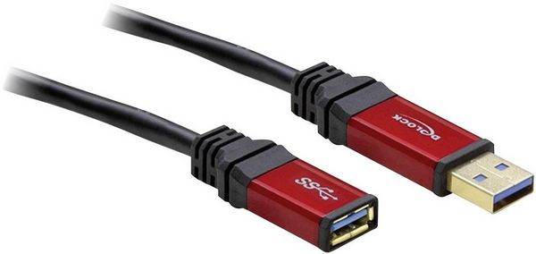 Produktbild: Delock USB-Kabel USB 3.2 Gen1 USB-A Stecker, USB-A Buchse 5.00 m Rot, Schwarz vergoldete Steckkontakte, UL-zertifiziert 82755