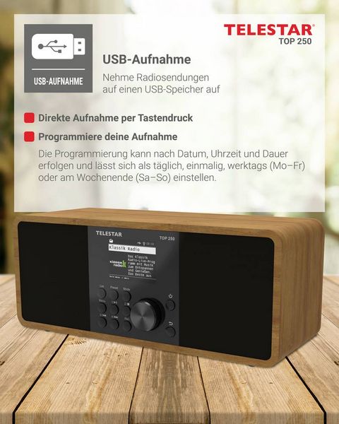Produktbild: Telestar TOP 250 Holz Internet Kofferradio DAB+, Internet, UKW WLAN, USB, UKW, Internetradio, DAB+, Bluetooth&reg; Holz
