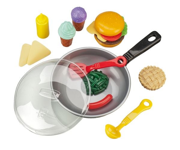 Produktbild: Pfannenset mit Gem&uuml;se Pfanne mit Deckel Zubeh&ouml;r Kelle Wender Lebensmittel 30cm