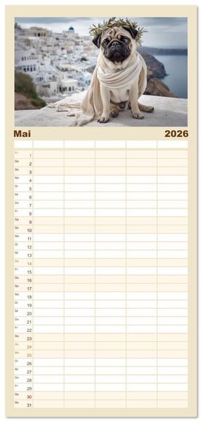 Produktbild: Familienplaner 2026 - Eine Mopsige Weltreise mit 5 Spalten (Wandkalender, 21 x 45 cm) CALVENDO