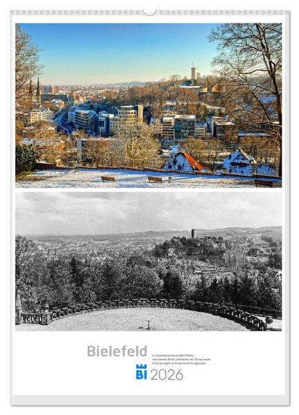 Produktbild: Bielefelder Fotomotive heute und damals mit historischen Ereignissen (Wandkalender 2026 DIN A2 hoch), CALVENDO Monatskalender