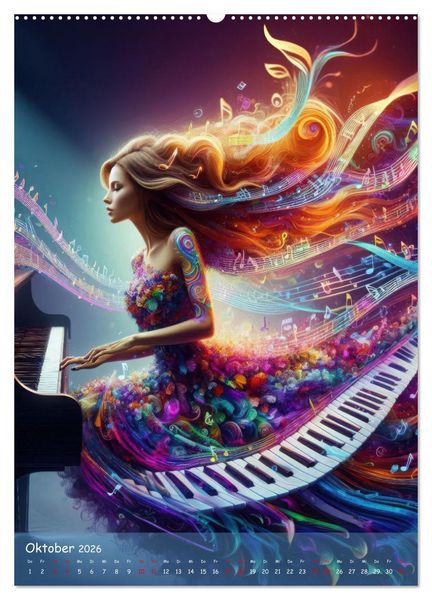 Produktbild: Musikalische Magie &ndash; Frauen in klangvollen Kleidern aus Noten und Farbe (hochwertiger Premium Wandkalender 2026 DIN A2 hoch), Kunstdruck in Hochglanz