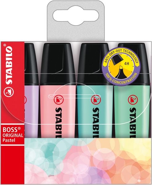 Produktbild: STABILO Textmarker -   BOSS ORIGINAL Pastel - 4er Pack - Hauch von Minzgr&uuml;n, rosiges Rouge, Schimmer von Lila, zartes T&uuml;rkis