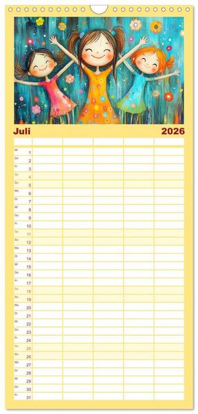 Produktbild: Familienplaner 2026 - Fr&ouml;hliche Kinder. Bezaubernde Schulm&auml;dchen im &Ouml;lbilder-Stil mit 5 Spalten (Wandkalender, 21 x 45 cm) CALVENDO