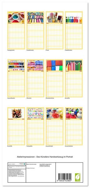 Produktbild: Familienplaner 2026 - Atelierimpressionen - Des K&uuml;nstlers Handwerkzeug im Portrait mit 5 Spalten (Wandkalender, 21 x 45 cm) CALVENDO