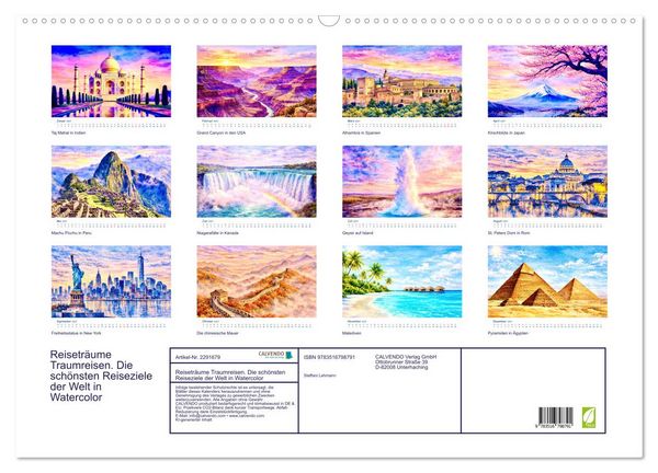 Produktbild: Reisetr&auml;ume Traumreisen. Die sch&ouml;nsten Reiseziele der Welt in Watercolor (Wandkalender 2027 DIN A2 quer), CALVENDO Monatskalender