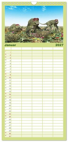 Produktbild: Familienplaner 2027 - Dinosaurier. Urzeitliche Giganten mit 5 Spalten (Wandkalender, 21 x 45 cm) CALVENDO