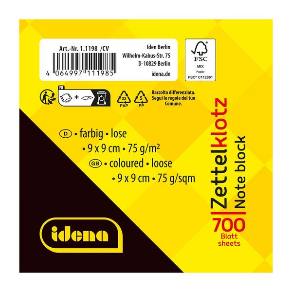Produktbild: Idena Zettelklotz lose farbig 9x9cm 700 Blatt