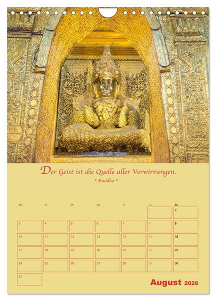 Produktbild: BUDDHA IN GOLD - Mit buddhistischen Spr&uuml;chen (Wandkalender 2026 DIN A4 hoch), CALVENDO Monatskalender