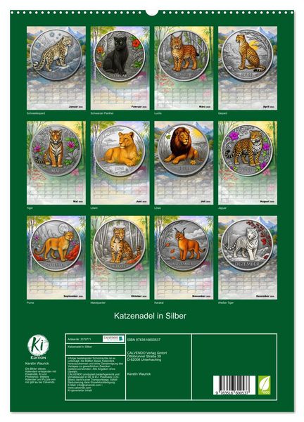 Produktbild: Katzenadel in Silber (hochwertiger Premium Wandkalender 2026 DIN A2 hoch), Kunstdruck in Hochglanz