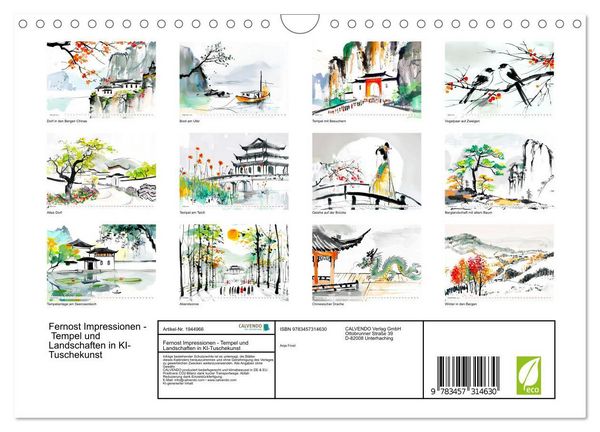 Produktbild: Fernost Impressionen - Tempel und Landschaften in KI-Tuschekunst (Wandkalender 2026 DIN A4 quer), CALVENDO Monatskalender