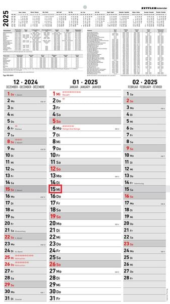 3-Monatskalender Streifenplaner 2025 - Büro-Kalender 33x58,8 cm (geöffnet) - mit Datumsschieber - Zettler - 955-0011