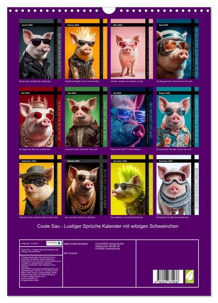Produktbild: Coole Sau - Lustiger Spr&uuml;che Kalender mit witzigen Schweinchen (Wandkalender 2026 DIN A3 hoch), CALVENDO Monatskalender