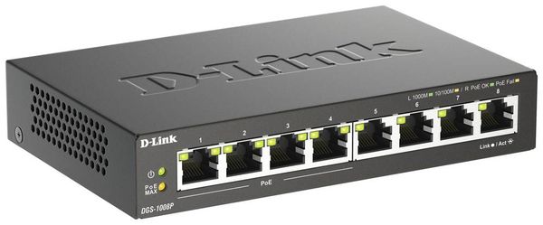 Produktbild: D-Link DGS-1008P/E DGS-1008P Netzwerk Switch 8 Port 1 GBit/s PoE-Funktion