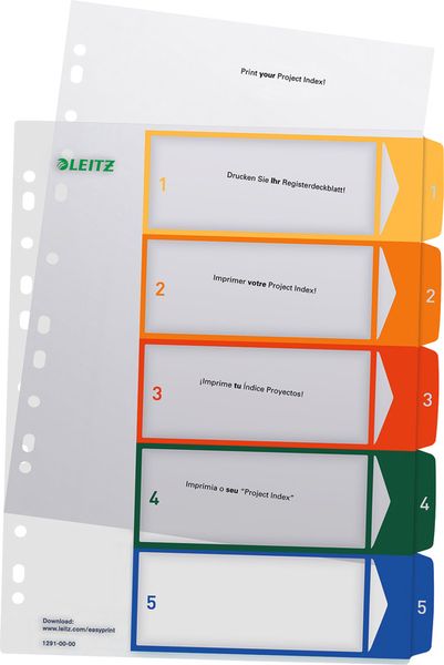 Produktbild: Leitz 12910000 Register DIN A4, Überbreite 1-5 Polypropylen Mehrfarbig 5 Registerblätter PC-beschriftbar 12910000