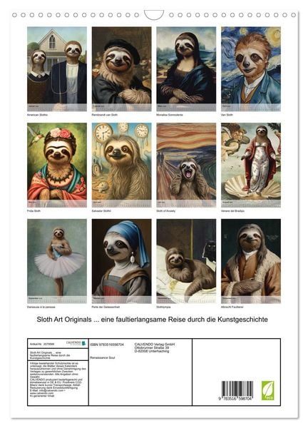 Produktbild: Sloth Art Originals ... eine faultierlangsame Reise durch die Kunstgeschichte (Wandkalender 2026 DIN A3 hoch), CALVENDO Monatskalender