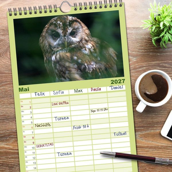 Produktbild: Familienplaner 2027 - Eulen mit 5 Spalten (Wandkalender, 21 x 45 cm) CALVENDO