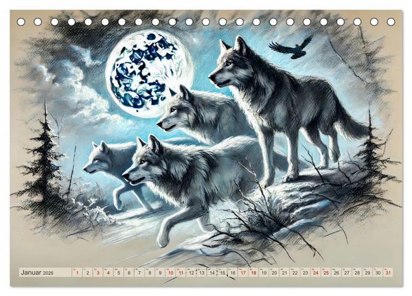 Produktbild: Die Eleganz der W&ouml;lfe - Mythische Begegnungen in der Natur (Tischkalender 2026 DIN A5 quer), CALVENDO Monatskalender