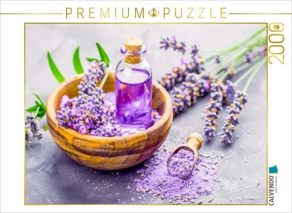 CALVENDO Puzzle Lavendelöl in Holzschale mit Blüten | 2000 Teile Lege-Größe 90x67cm Foto-Puzzle für glückliche Stunden