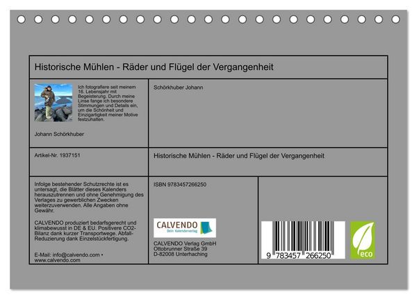 Produktbild: Historische M&uuml;hlen - R&auml;der und Fl&uuml;gel der Vergangenheit (Tischkalender 2026 DIN A5 quer), CALVENDO Monatskalender