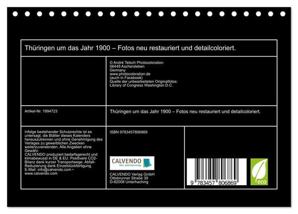 Produktbild: Th&uuml;ringen um das Jahr 1900 &ndash; Fotos neu restauriert und detailcoloriert. (Tischkalender 2026 DIN A5 quer), CALVENDO Monatskalender