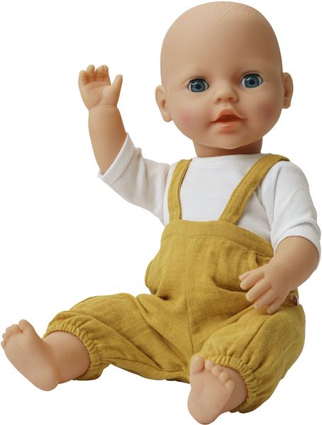Produktbild: Puppen-Latzhose aus 100 % Bio-Baumwolle, honiggelb, mit wei&szlig;em T-Shirt, 2-teilig