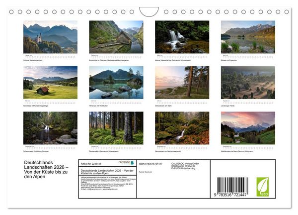 Produktbild: Deutschlands Landschaften 2026 &ndash; Von der K&uuml;ste bis zu den Alpen (Wandkalender 2026 DIN A4 quer), CALVENDO Monatskalender