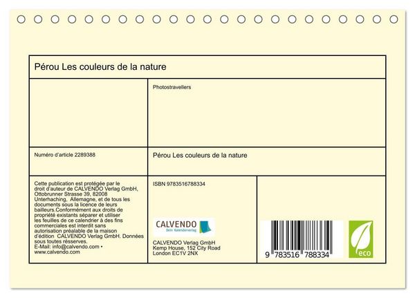 Produktbild: P&eacute;rou Les couleurs de la nature (Calendrier de bureau 2027 DIN A5 vertical), CALVENDO calendrier mensuel